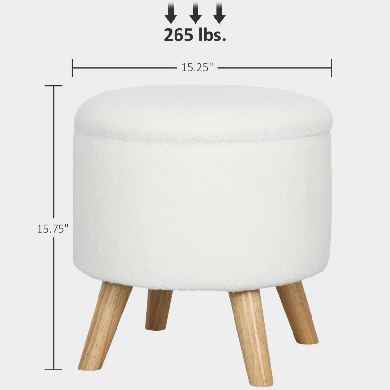 HOMCOM Round Ottoman Stool with Storage, Linen Upholstered Foot Stool with Padded Seat, Hidden Space and Wood Legs, White