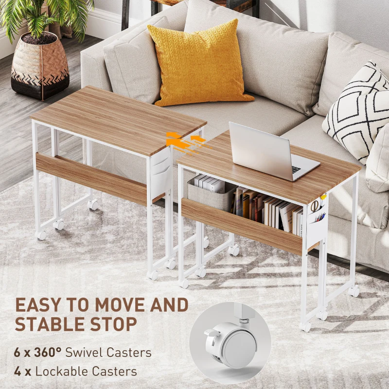 HOMCOM Folding Computer Desk, Foldable Desk with Storage Bag, Shelf and Wheels for Small Spaces, Home Office, Natural Wood