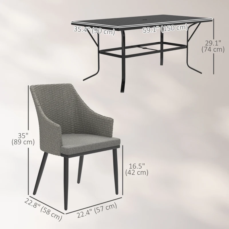 Outsunny 7 Piece Wicker Patio Furniture Set with Cushions, Umbrella Hole, Slatted Table Top, for Backyard, Porch, Garden, Balcony