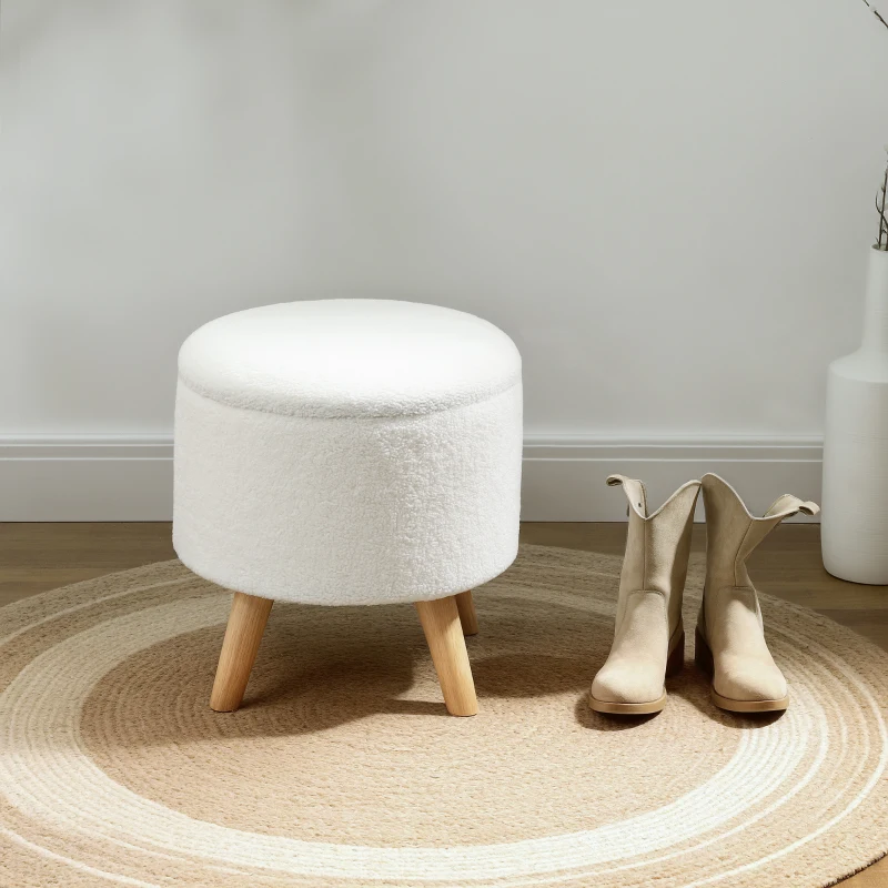HOMCOM Round Ottoman Stool with Storage, Linen Upholstered Foot Stool with Padded Seat, Hidden Space and Wood Legs, White