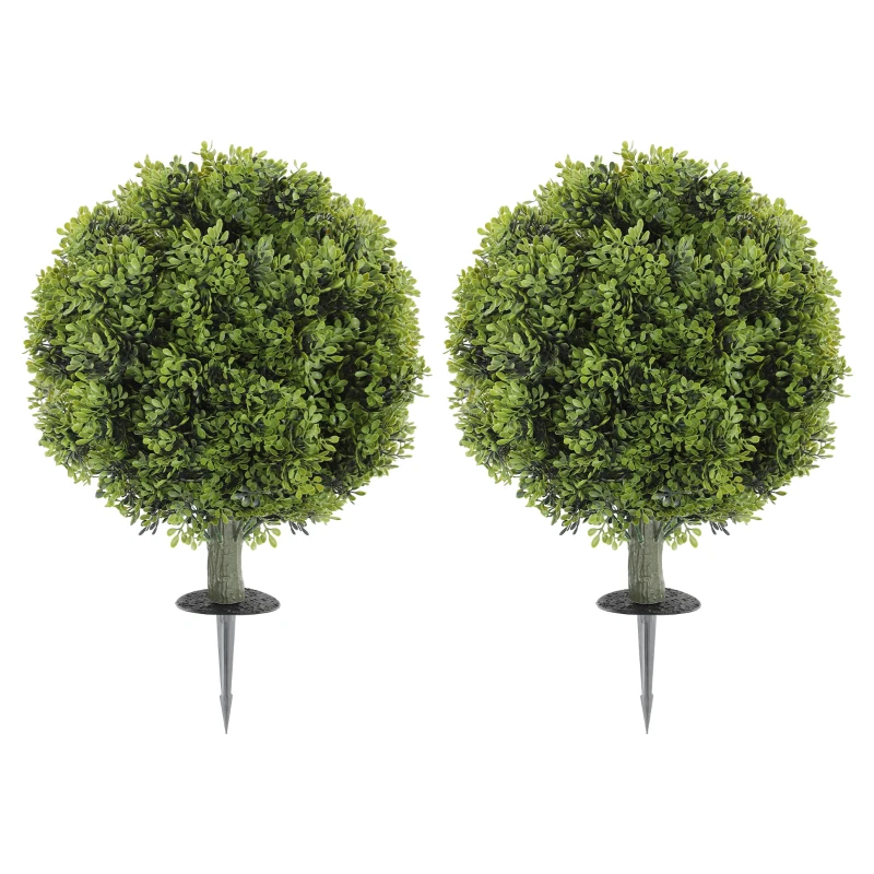 HOMCOM Artificial Boxwood Topiary Trees Set of 2 with Ground Stake, UV Resistant Fake Plants for Indoor Outdoor, Green