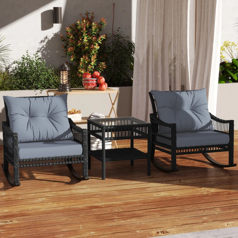 Outsunny 3 Pieces Outdoor PE Rattan Rocker Chair Set, Rocking Chair with Tempered Glass Table Top,25"x26"x28", Grey