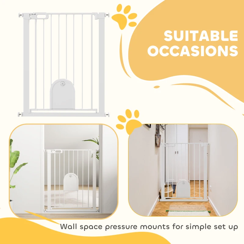PawHut 30"-32" Extra Wide Pet Gate Barrier with Small Door, 35"H Dog Gate with Safety Gate Barrier, Stair Pressure Fit, White