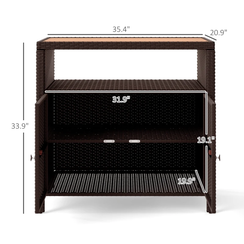 Outsunny Outdoor Storage Cabinet with Acacia Wood Top, Two Doors, Shelf, Wicker Bar Table for Pool Towel Storage, Brown