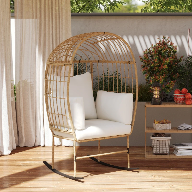 Outsunny Oversized Rocking Chair, Indoor Outdoor Egg Chair w/ Thickened Cushions, Wicker Patio Lounger for Porch, Balcony, Beige