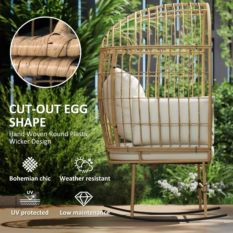Outsunny Oversized Rocking Chair, Indoor Outdoor Egg Chair w/ Thickened Cushions, Wicker Patio Lounger for Porch, Balcony, Beige
