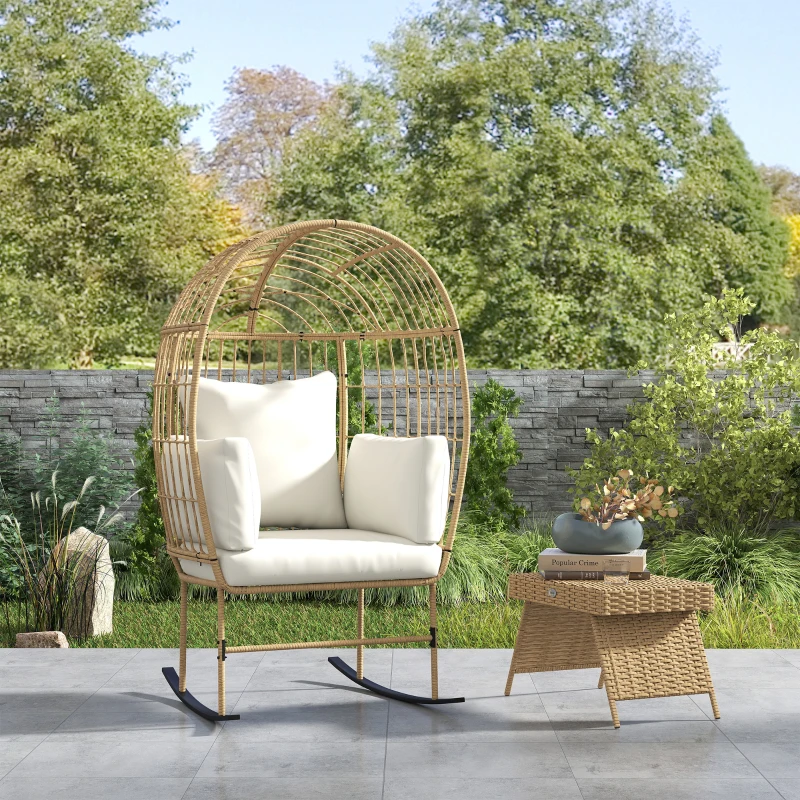 Outsunny Oversized Rocking Chair, Indoor Outdoor Egg Chair w/ Thickened Cushions, Wicker Patio Lounger for Porch, Balcony, Beige