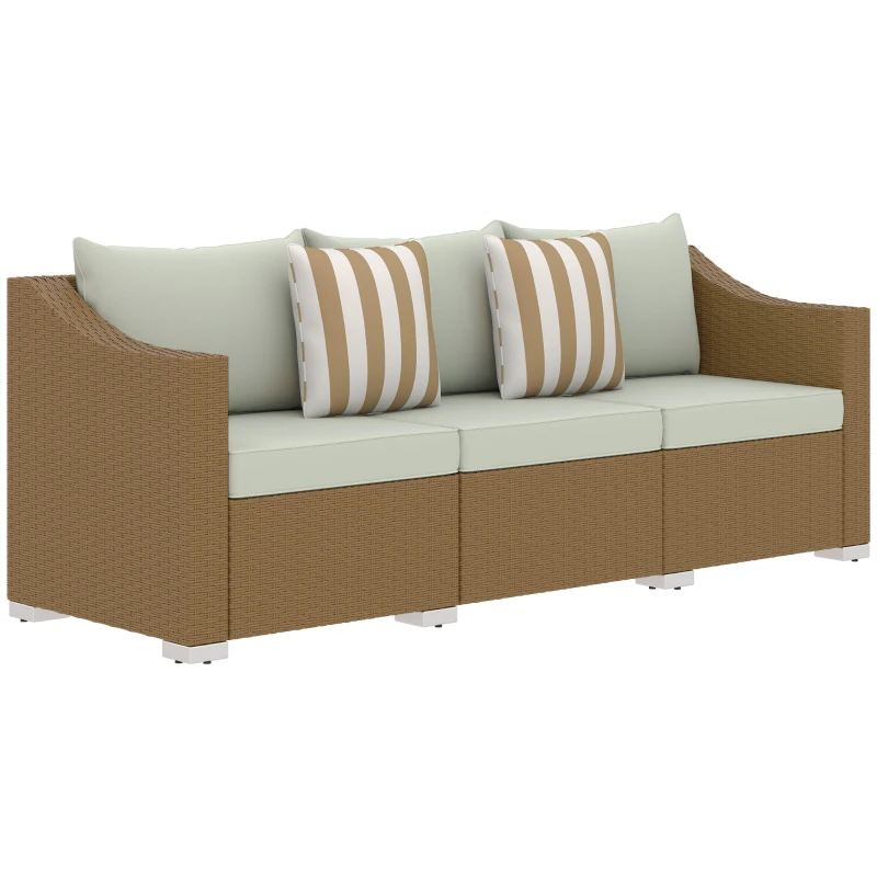 Outsunny Rattan Wicker 3 Seater Patio Couch with Cushions, 2 Throw Pillows, Outdoor Furniture Rattan Sofa, Light Gray