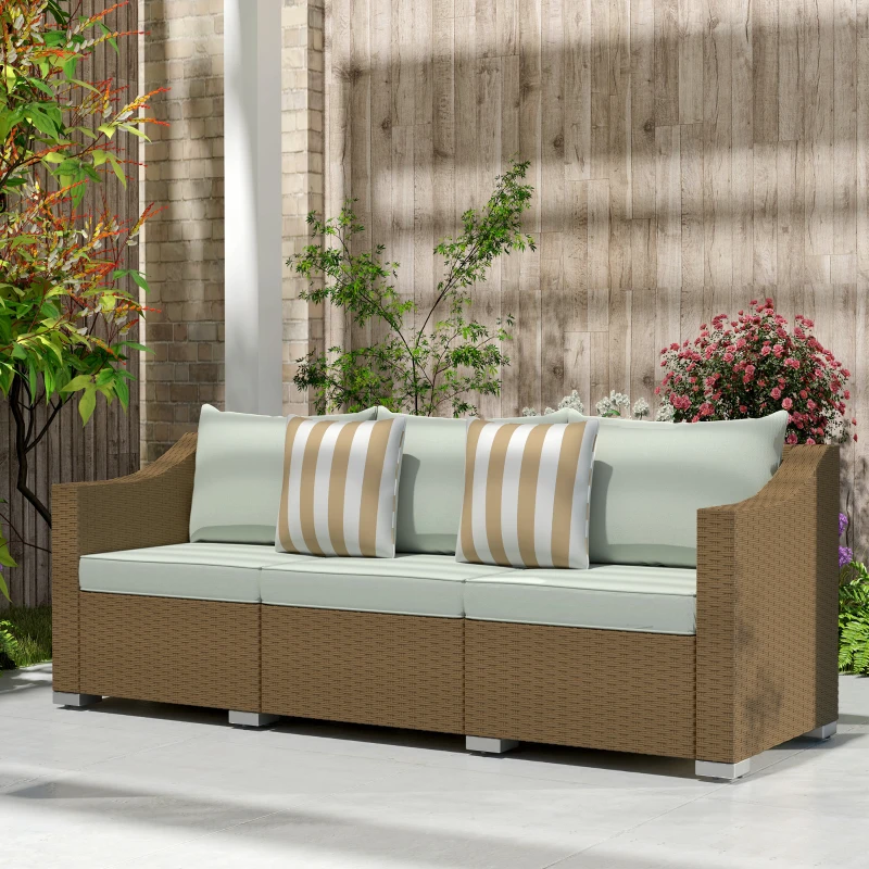 Outsunny Rattan Wicker 3 Seater Patio Couch with Cushions, 2 Throw Pillows, Outdoor Furniture Rattan Sofa, Light Gray