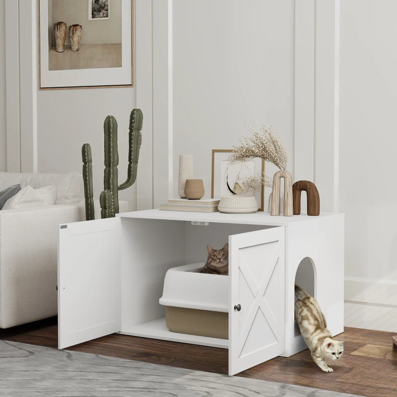 PawHut Cat Litter Box Enclosure with Barn Door, Cat Hole, 31.5" x 21" x 20", White