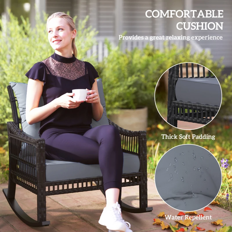 Outsunny 3 Pieces Outdoor PE Rattan Rocker Chair Set, Rocking Chair with Tempered Glass Table Top,25"x26"x28", Grey