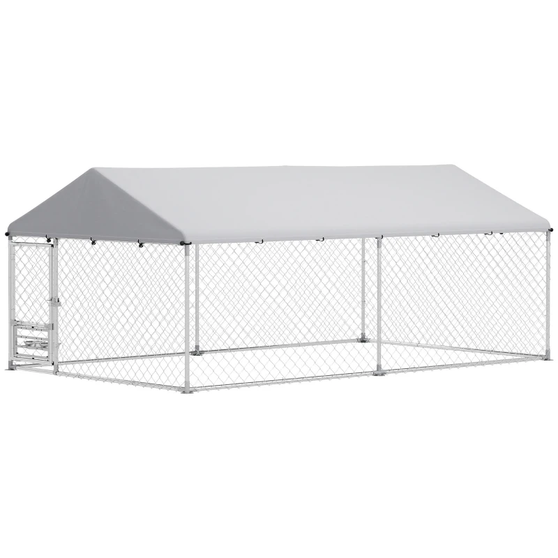 PawHut Outdoor Dog Run w/ Adjustable & Rotating Bowls, Waterproof UV-Resistant Cover, Secure Lock, 13.1' x 7.5' x 5.2'