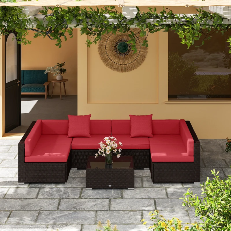 Outsunny 7 Pieces Garden Wicker Sectional Set,  Patio Wicker Sectional Conversation Sofa Set, Wine Red