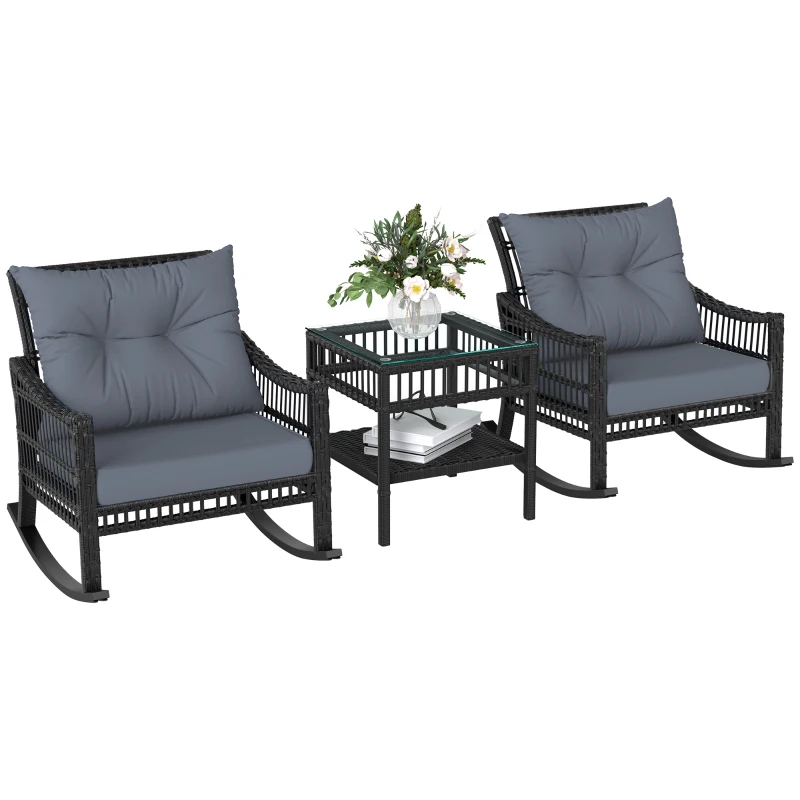 Outsunny 3 Pieces Outdoor PE Rattan Rocker Chair Set, Rocking Chair with Tempered Glass Table Top,25"x26"x28", Grey