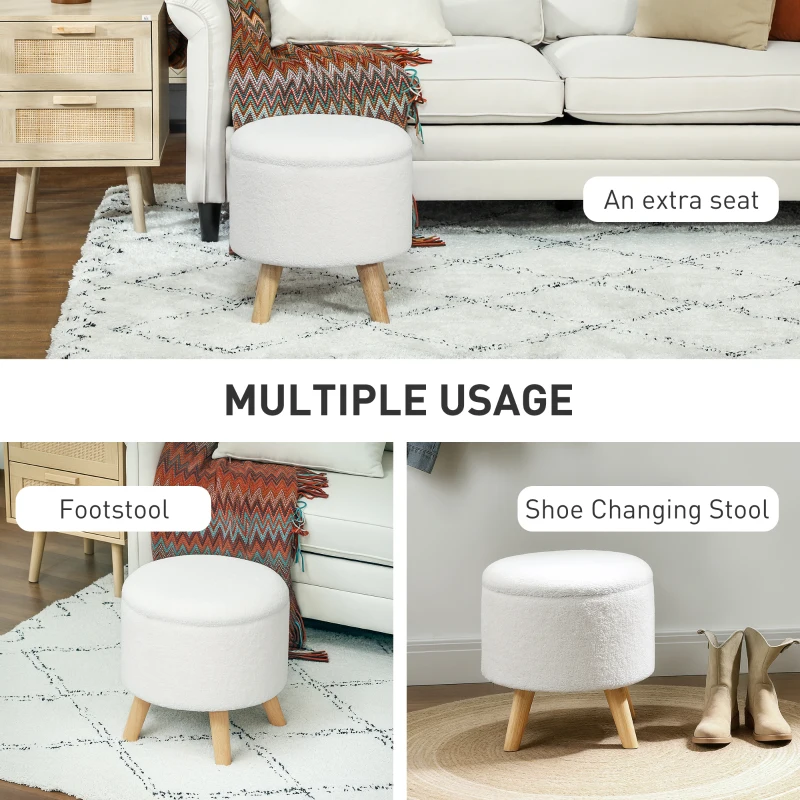 HOMCOM Round Ottoman Stool with Storage, Linen Upholstered Foot Stool with Padded Seat, Hidden Space and Wood Legs, White
