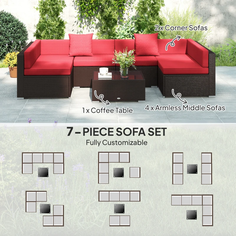 Outsunny 7 Pieces Garden Wicker Sectional Set,  Patio Wicker Sectional Conversation Sofa Set, Wine Red