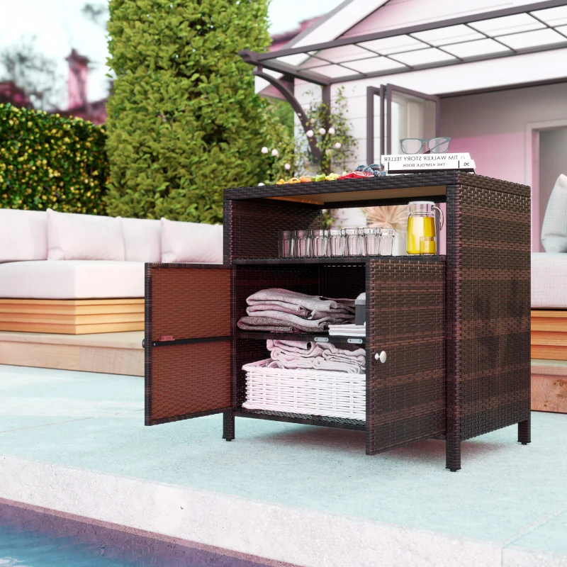 Outsunny Outdoor Storage Cabinet with Acacia Wood Top, Two Doors, Shelf, Wicker Bar Table for Pool Towel Storage, Brown