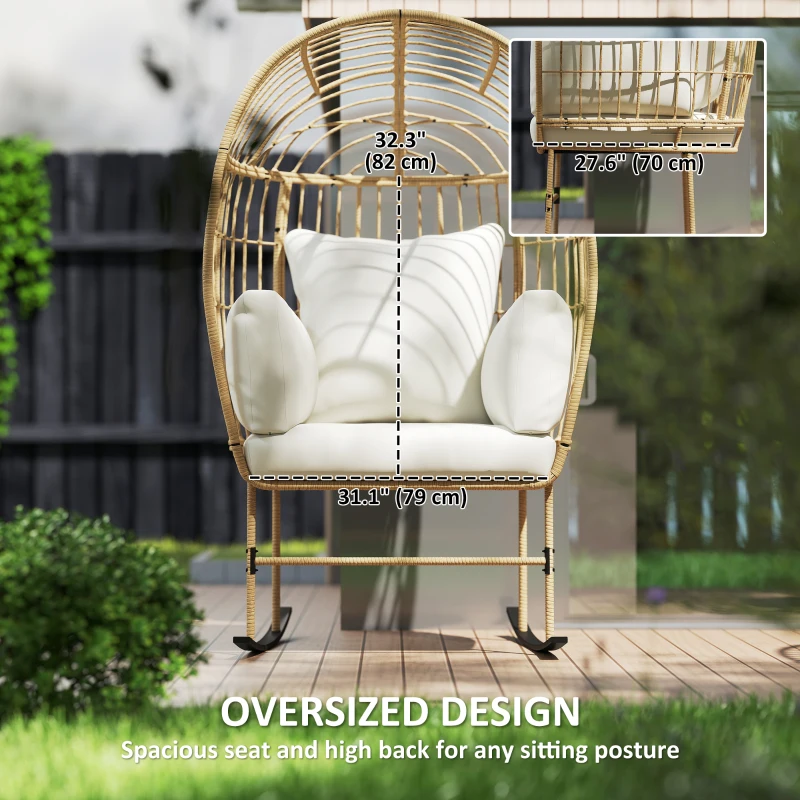 Outsunny Oversized Rocking Chair, Indoor Outdoor Egg Chair w/ Thickened Cushions, Wicker Patio Lounger for Porch, Balcony, Beige