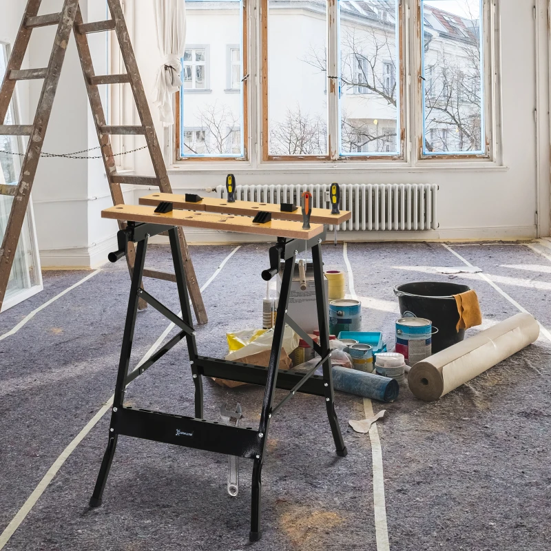 DURHAND Foldable Work Bench w/ 4 Adjustable Clamps, Carpenter Saw Table, MDF Surface, Steel Frame, Portable Work Bench 100kg/220lbs Capacity