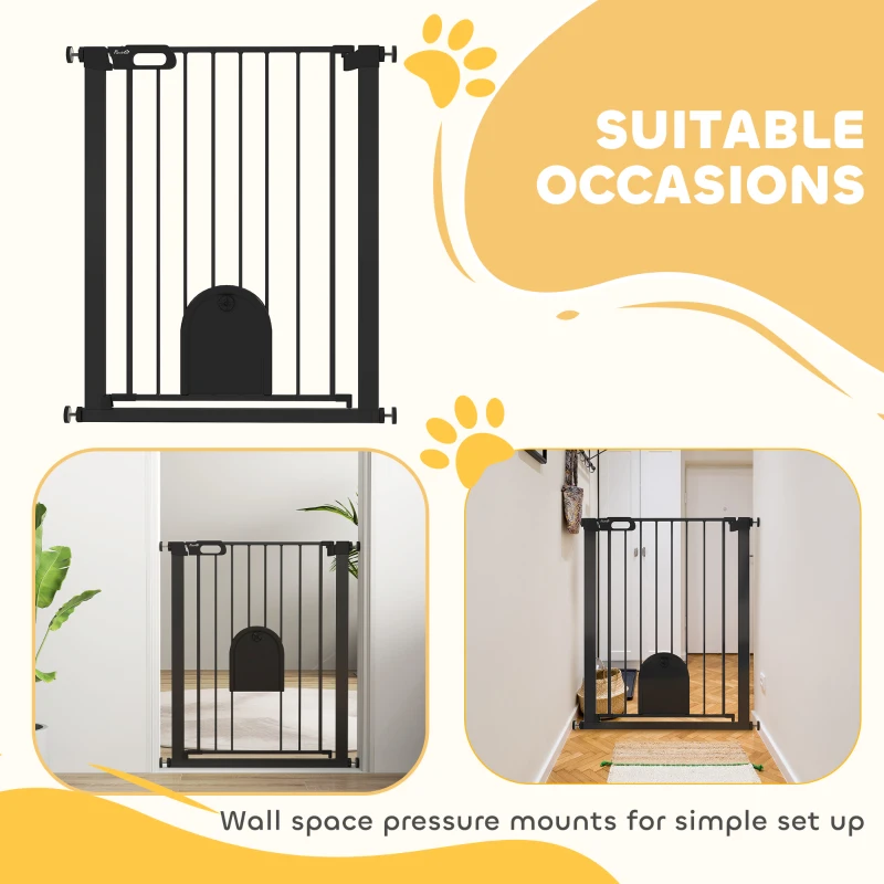 PawHut 30"-32" Extra Wide Pet Gate Barrier with Small Door, 35"H Dog Gate with Safety Gate Barrier, Stair Pressure Fit, Black