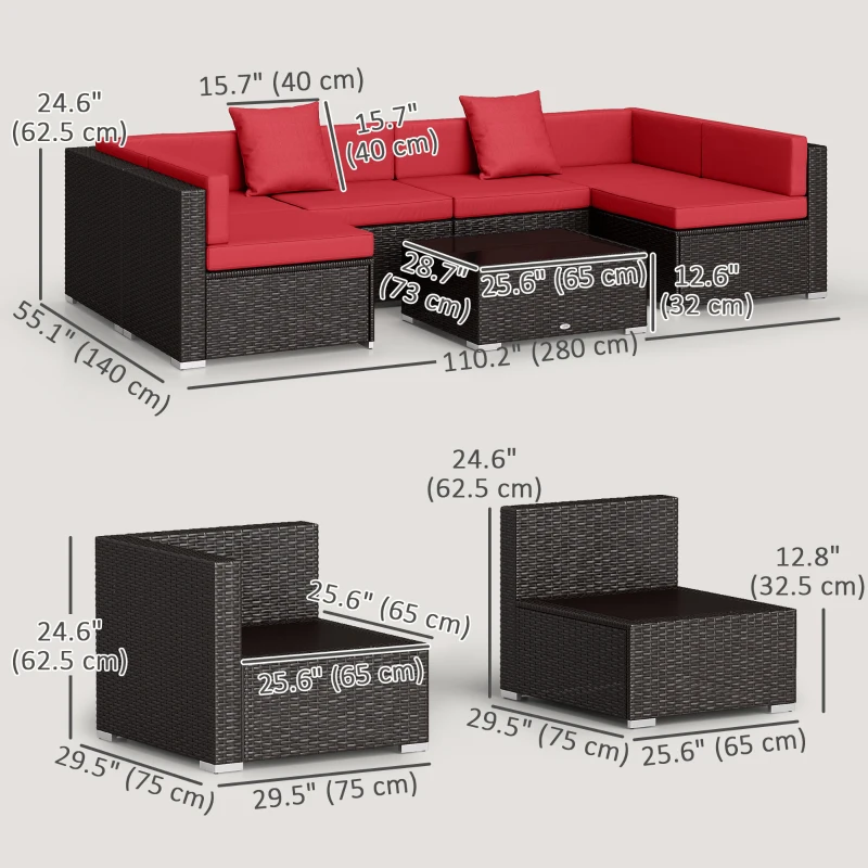 Outsunny 7 Pieces Garden Wicker Sectional Set,  Patio Wicker Sectional Conversation Sofa Set, Wine Red