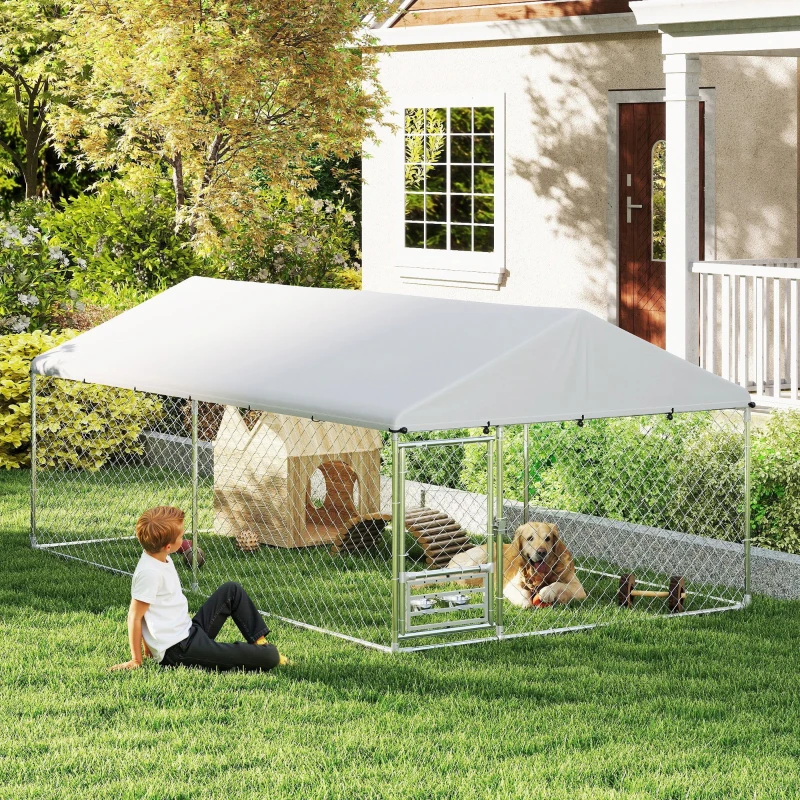 PawHut Outdoor Dog Run w/ Adjustable & Rotating Bowls, Waterproof UV-Resistant Cover, Secure Lock, 13.1' x 7.5' x 5.2'