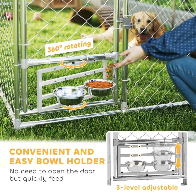 PawHut Outdoor Dog Run w/ Adjustable & Rotating Bowls, Waterproof UV-Resistant Cover, Secure Lock, 13.1' x 7.5' x 5.2'