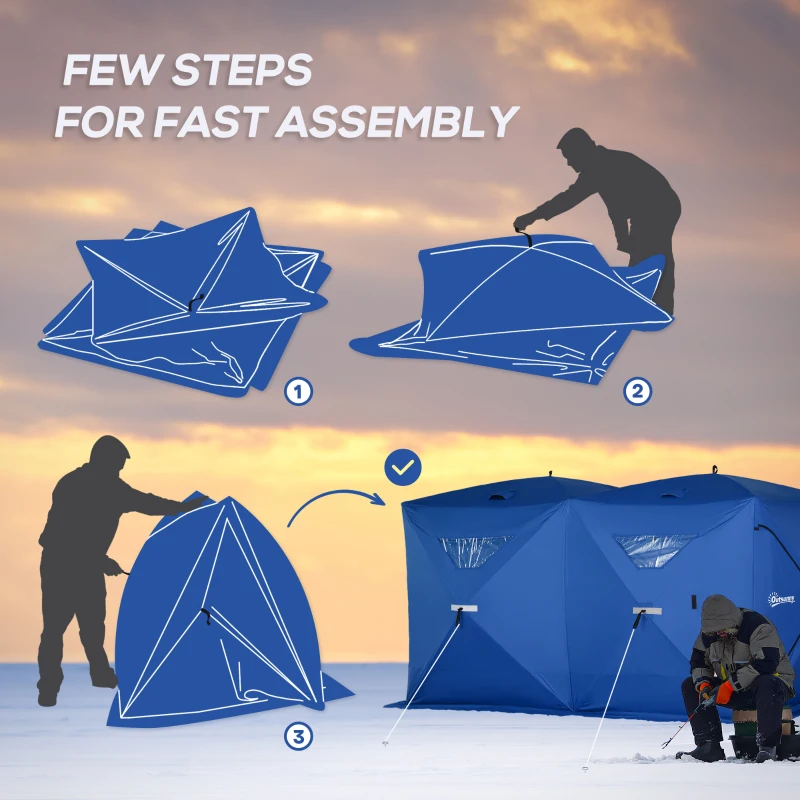 Outsunny 8 People Ice Fishing Shelter, Pop-Up Portable Ice Fishing Tent with Carry Bag, 2 Doors, Windows & Anchors for Low-Temp -22℉, Blue