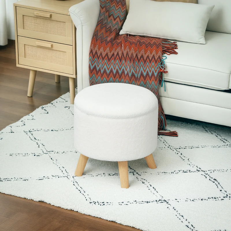 HOMCOM Round Ottoman Stool with Storage, Linen Upholstered Foot Stool with Padded Seat, Hidden Space and Wood Legs, White