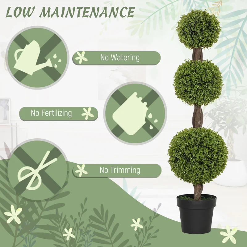 HOMCOM Set of 2 Artificial Ball Boxwood Topiary Trees, Fake Plants in Pots for Indoor Outdoor Living Room, Green