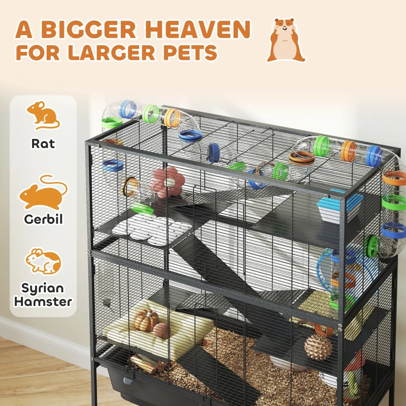 PawHut 5 Tier Hamster Cage, Rolling Rat Cage with Deep Tray, Storage Shelf, Big Exercise Wheel, Hut, Tube System