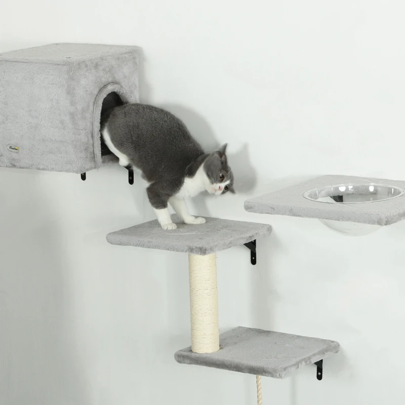 PawHut Cat Wall Shelves Set of 7, Shelves and Perches with House, Sisal Post Ladder, Bed & Ball, Grey