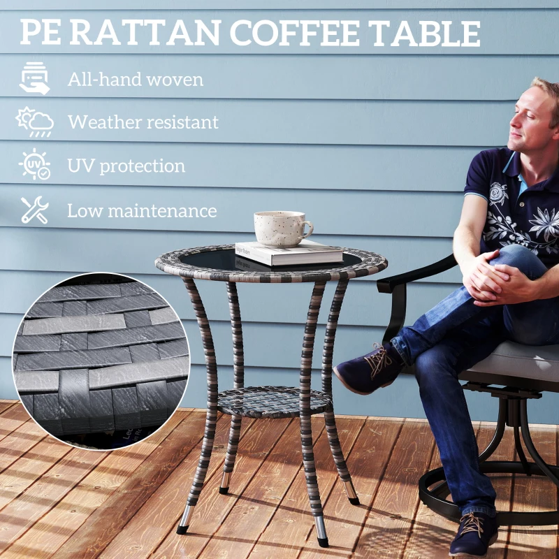 Outsunny Outdoor Rattan Dining Table, Patio Wicker Round Coffee Table with 2-Tier Storage Shelf, Mixed Grey