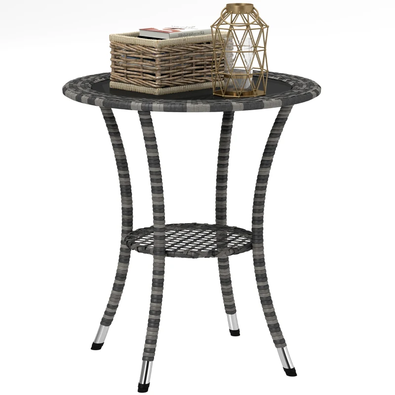 Outsunny Outdoor Rattan Dining Table, Patio Wicker Round Coffee Table with 2-Tier Storage Shelf, Mixed Grey