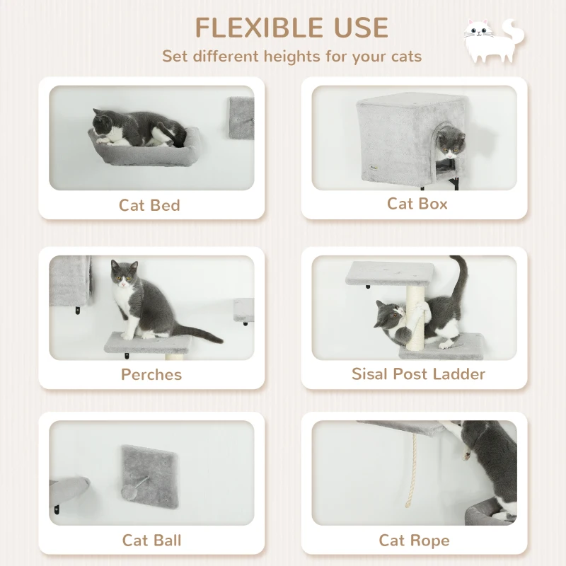 PawHut Cat Wall Shelves Set of 7, Shelves and Perches with House, Sisal Post Ladder, Bed & Ball, Grey