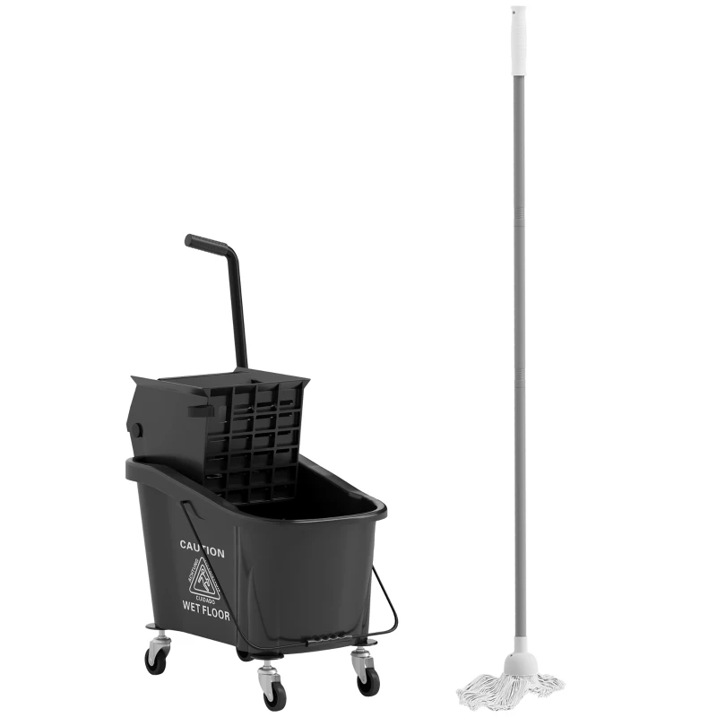 HOMCOM Mop Bucket with Wringer on Wheels for Floor Cleaning, 38 Quart Down Press Wringer with Handle, Black
