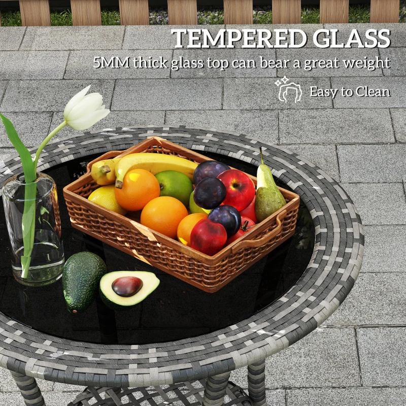 Outsunny Outdoor Rattan Dining Table, Patio Wicker Round Coffee Table with 2-Tier Storage Shelf, Mixed Grey