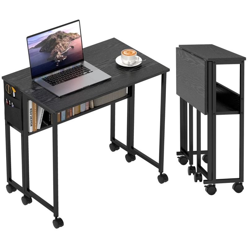 HOMCOM Folding Computer Desk, Foldable Desk with Storage Bag, Shelf and Wheels for Small Spaces, Home Office, Black