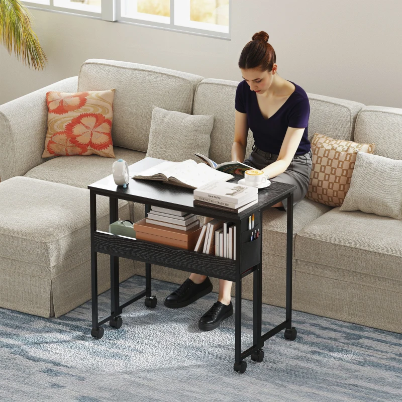 HOMCOM Folding Computer Desk, Foldable Desk with Storage Bag, Shelf and Wheels for Small Spaces, Home Office, Black