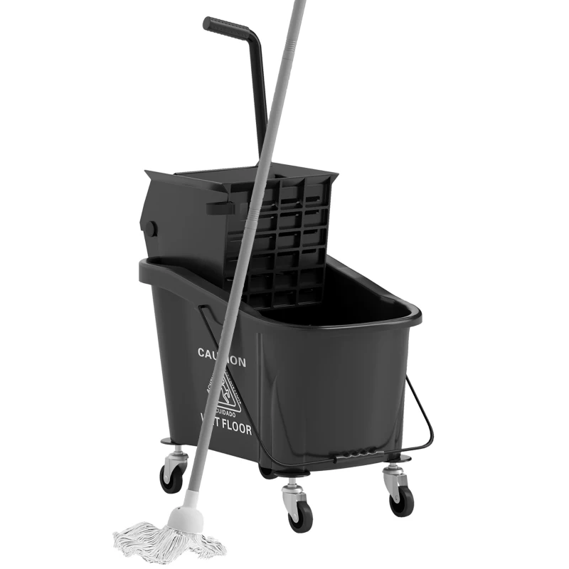 HOMCOM Mop Bucket with Wringer on Wheels for Floor Cleaning, 38 Quart Down Press Wringer with Handle, Black