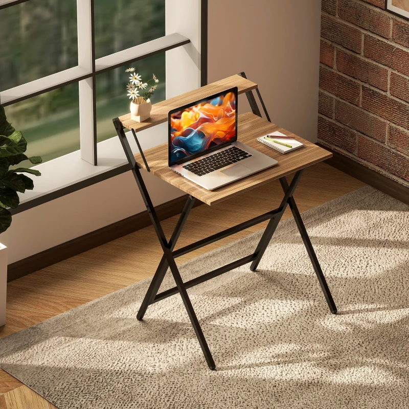 HOMCOM Folding Computer Desk, 27.6" Foldable Desk with Monitor Shelf for Small Space, Home Office, Study, Easy Assembly, Walnut