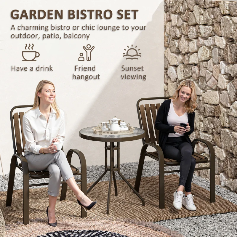 Outsunny 3 Pieces Patio Bistro Set, 2 Stackable Chairs with Tempered Glass Table, for Outdoor, Garden Backyard Porch, Dark Brown
