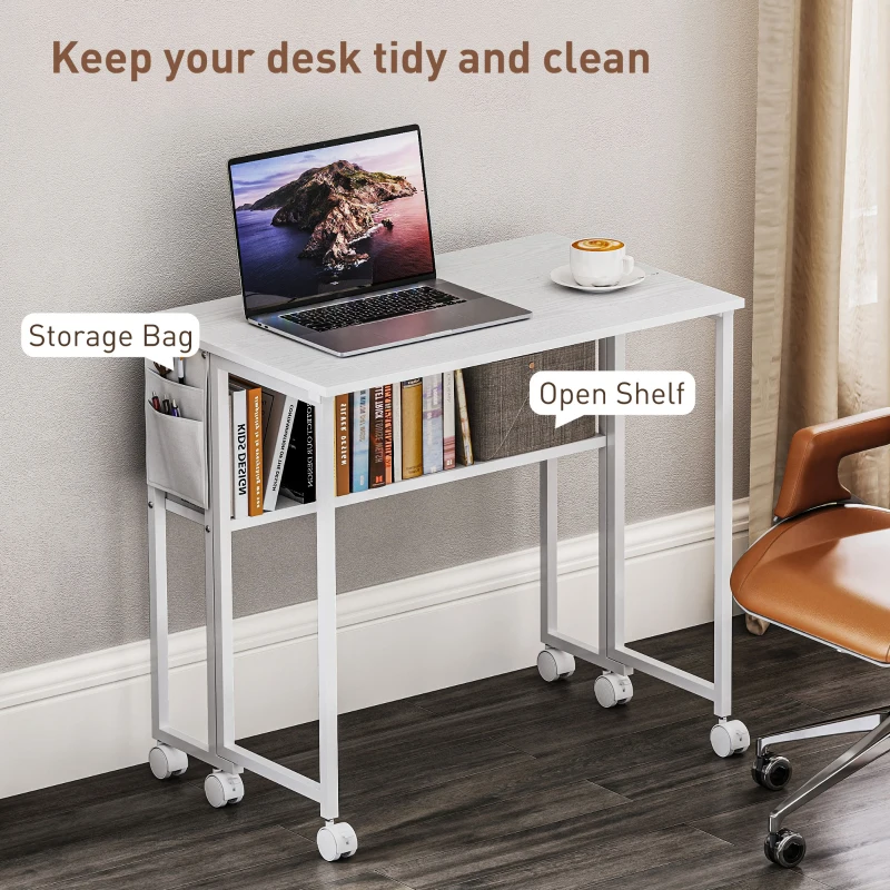 HOMCOM Folding Computer Desk, Foldable Desk with Storage Bag, Shelf and Wheels for Small Spaces, Home Office, White