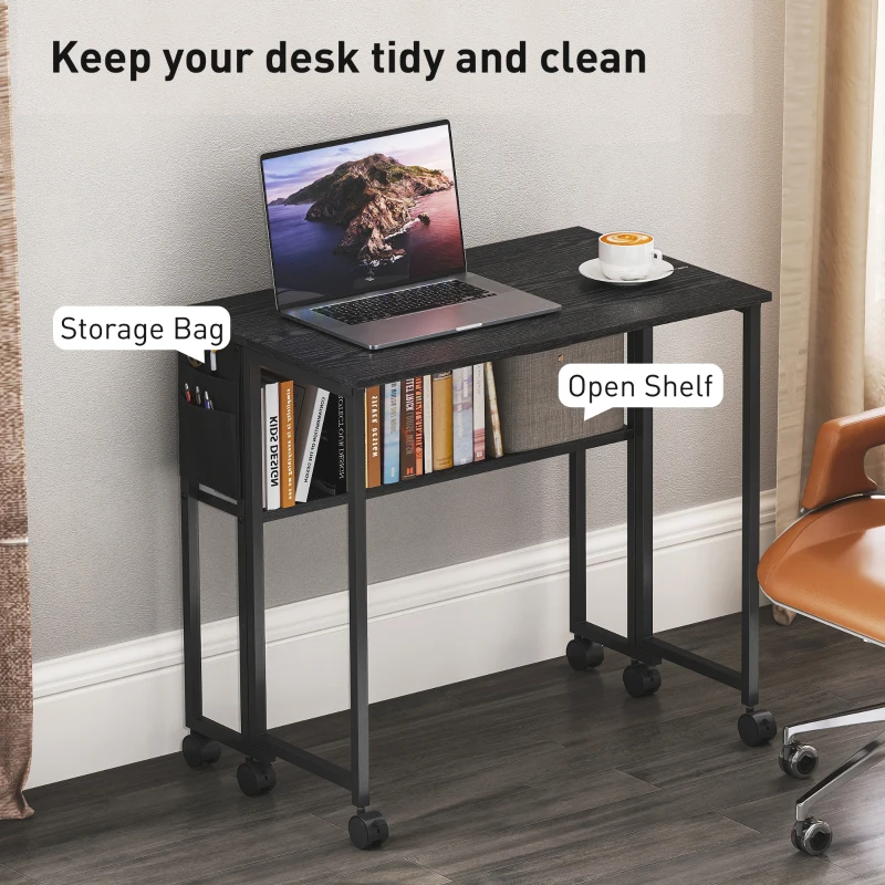 HOMCOM Folding Computer Desk, Foldable Desk with Storage Bag, Shelf and Wheels for Small Spaces, Home Office, Black