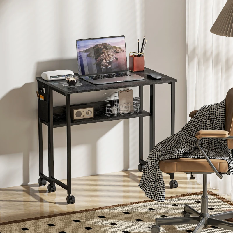 HOMCOM Folding Computer Desk, Foldable Desk with Storage Bag, Shelf and Wheels for Small Spaces, Home Office, Black