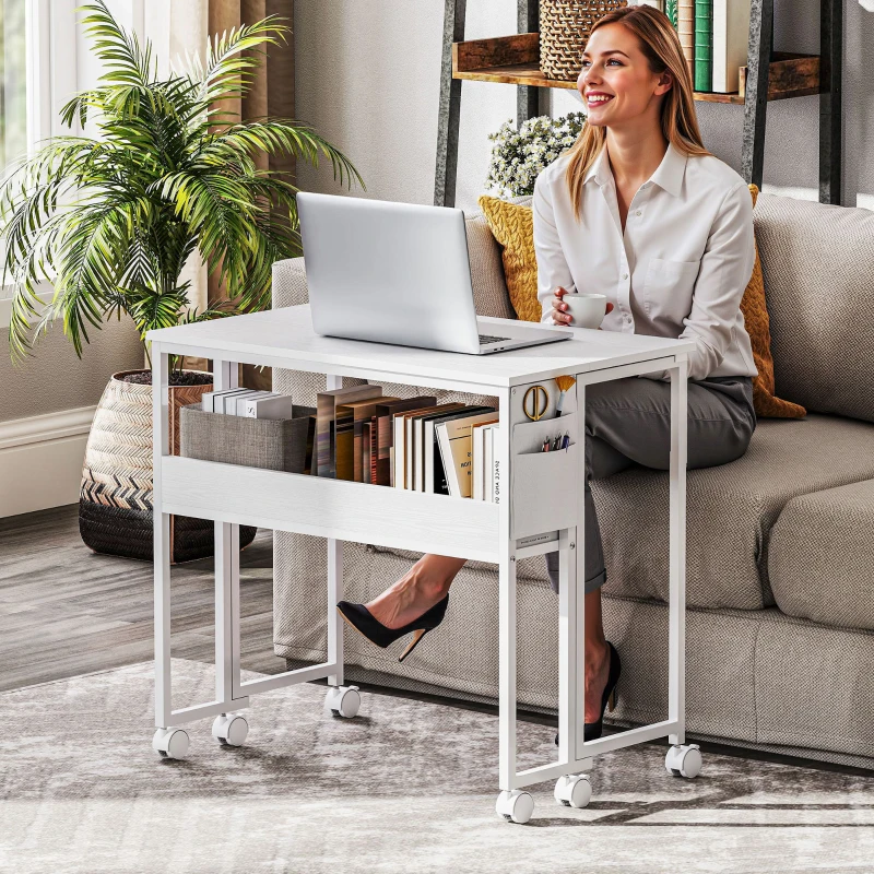 HOMCOM Folding Computer Desk, Foldable Desk with Storage Bag, Shelf and Wheels for Small Spaces, Home Office, White