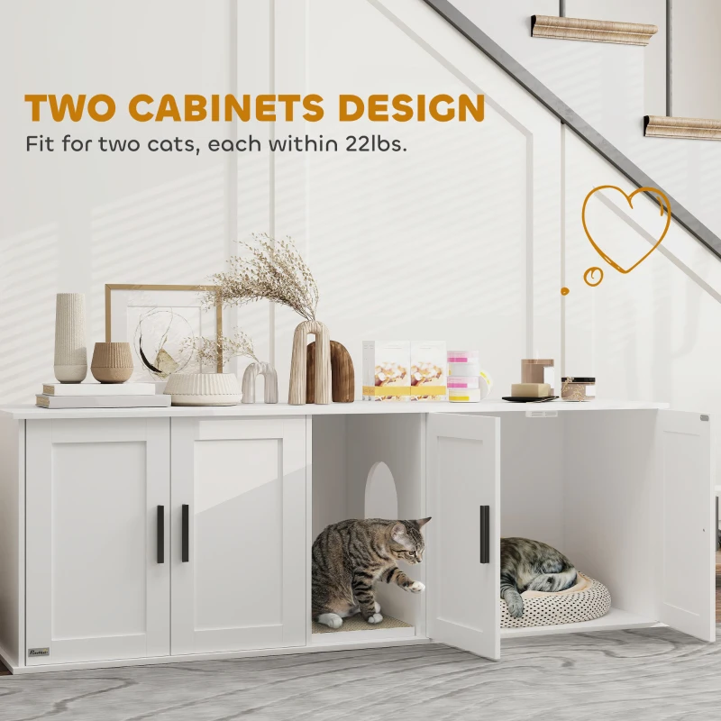PawHut Cat Litter Box Enclosure with Double Room, Scratching Mat for 2 Cats, 57" x 19" x 20", White