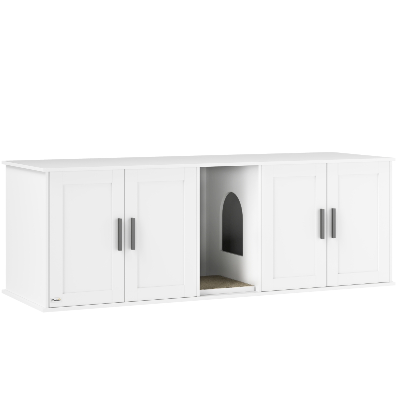 PawHut Cat Litter Box Enclosure with Double Room, Scratching Mat for 2 Cats, 57" x 19" x 20", White