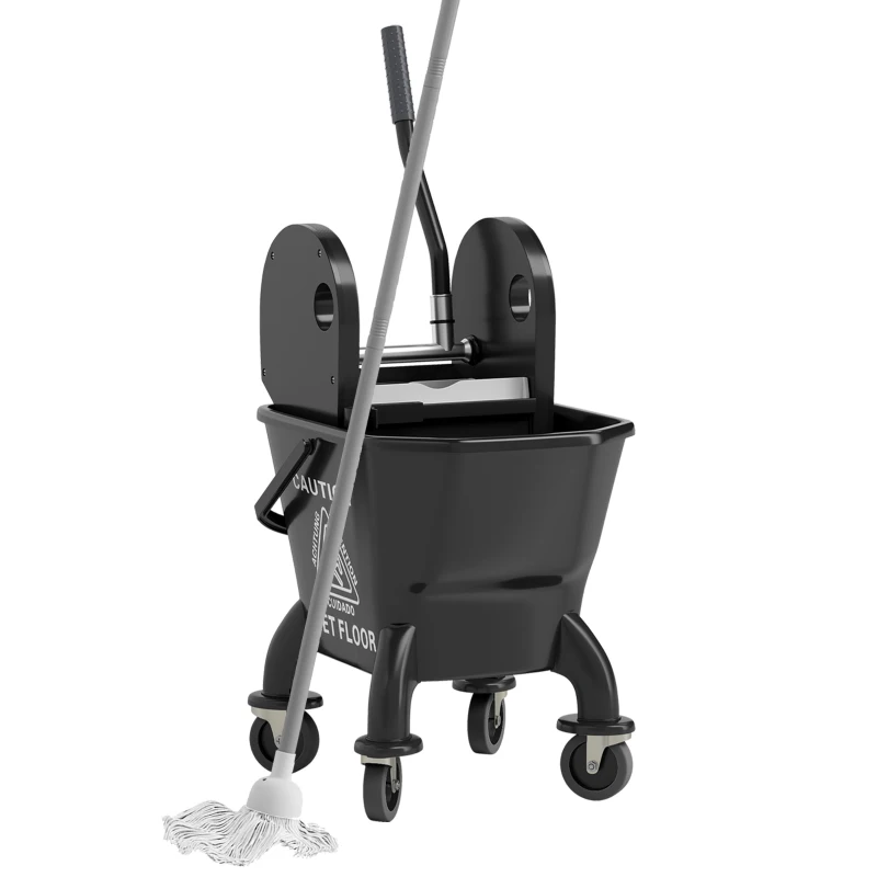 HOMCOM Mop Bucket with Wringer on Wheels for Floor Cleaning, 27.5 Quart Down Press Wringer with Handle and Mop, Black