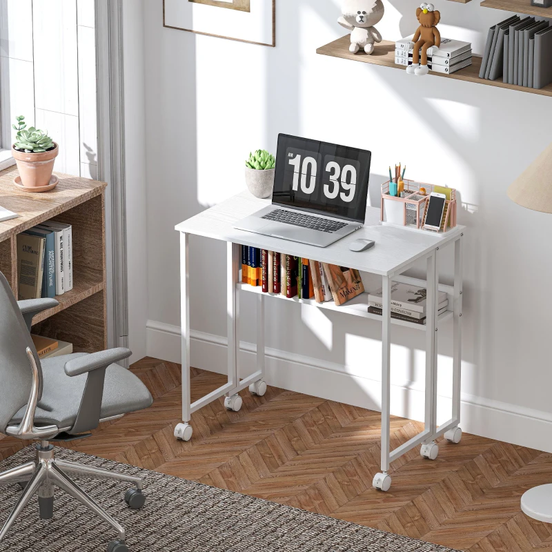 HOMCOM Folding Computer Desk, Foldable Desk with Storage Bag, Shelf and Wheels for Small Spaces, Home Office, White